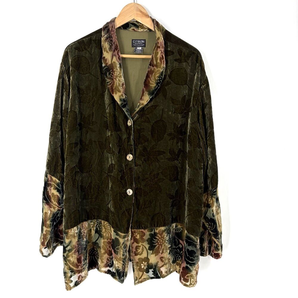 Citron Tunic Top Large Olive Velvet Burnout Floral Boho Button Up Artsy Luxury